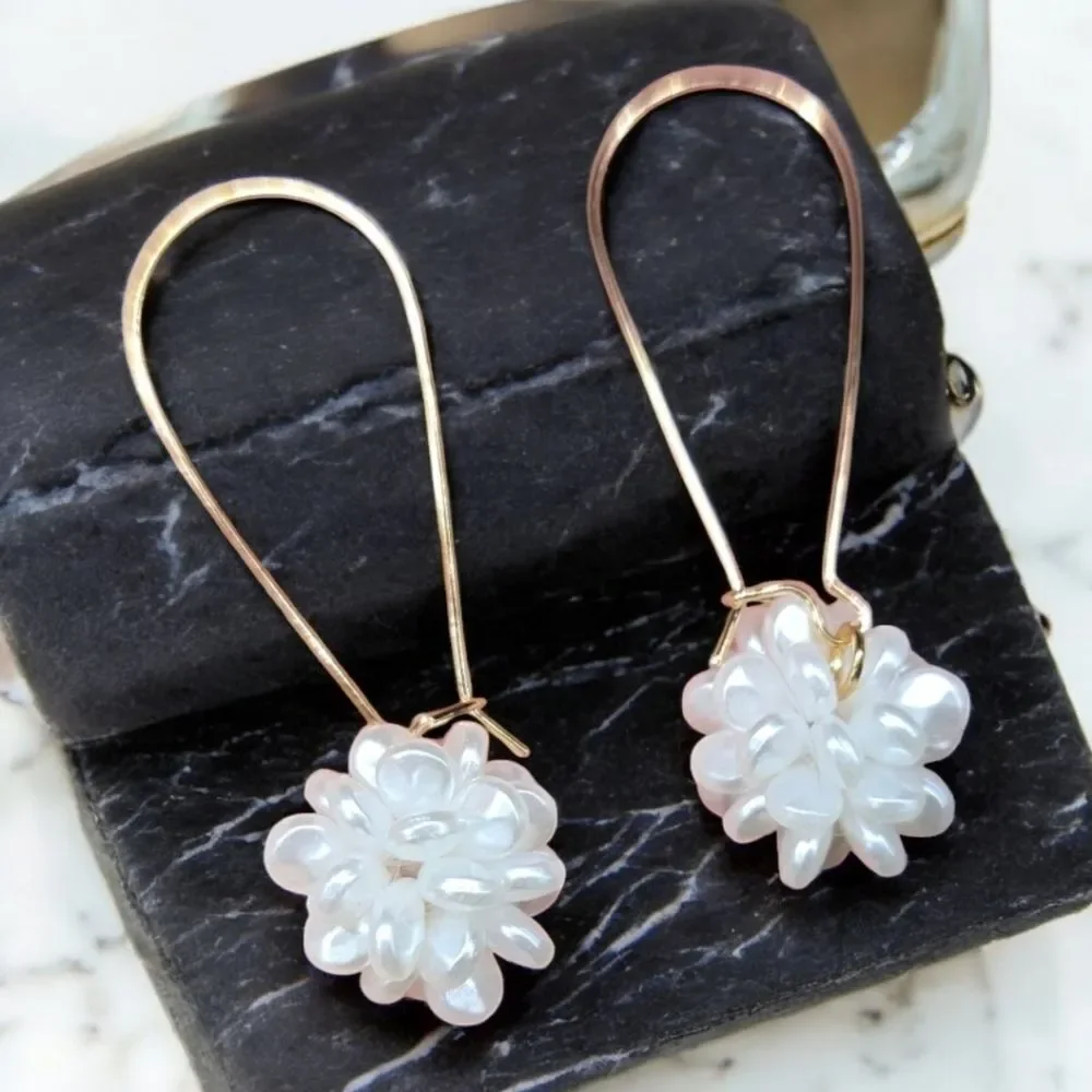Pearl Flower Drop Earrings Gold Hoop Bridal Wedding Elegant Statement Earrings